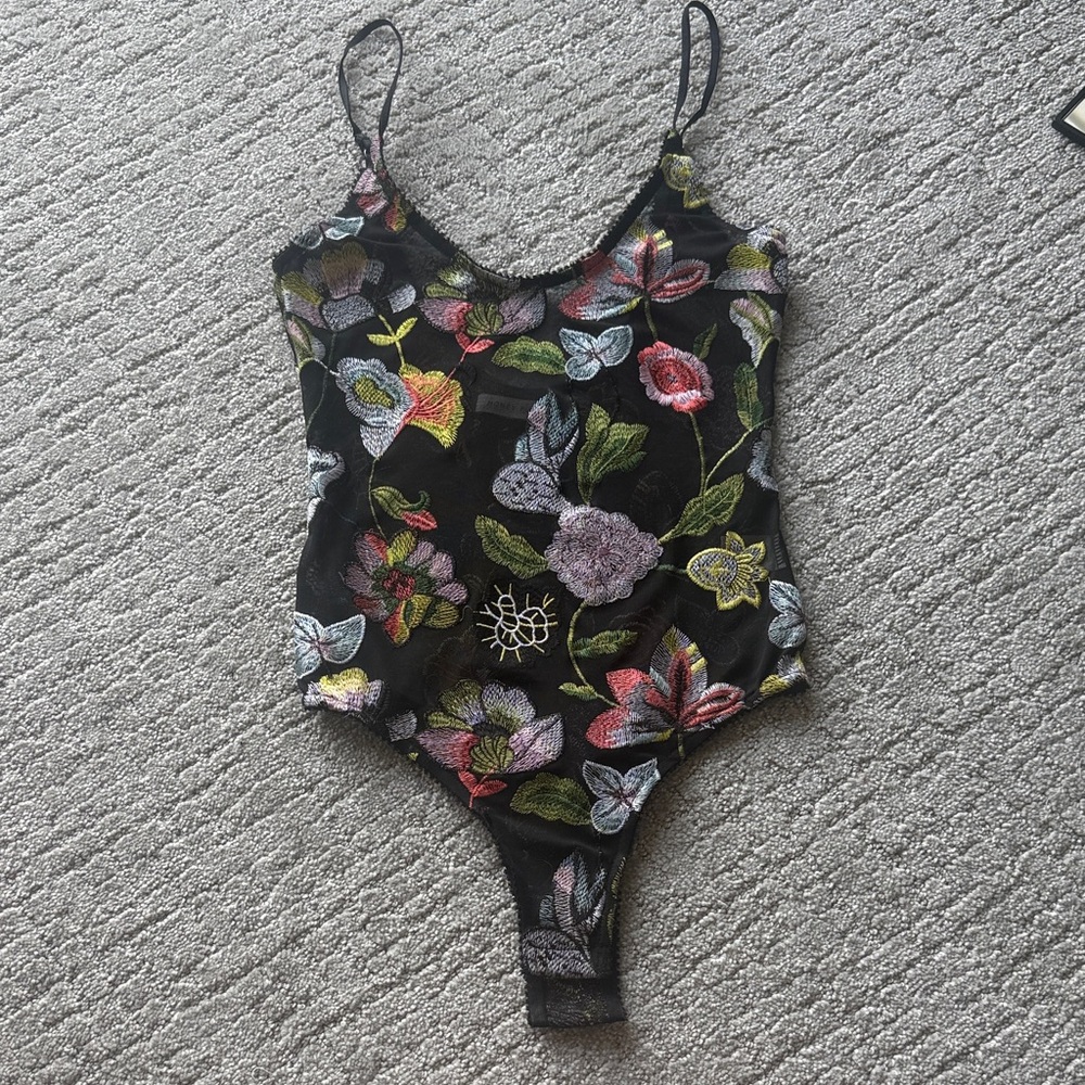 Honey Punch Black Floral Embroidered Mesh Bodysuit